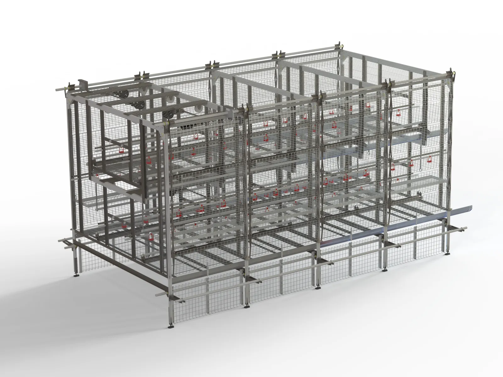 Detailed 3D render of the Golden Pullet Aviary cage structure with drinking lines and perches